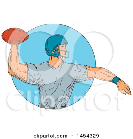 Clipart Graphic of a Sketched Drawing of an American Football Player Quarterback Throwing a Ball in a Blue Circle - Royalty Free Vector Illustration by patrimonio