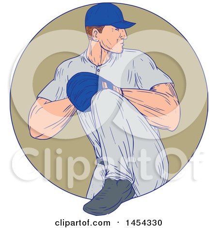 Clipart Graphic of a Retro Sketched Drawing Male Baseball Player Pitching in a Tan Circle - Royalty Free Vector Illustration by patrimonio