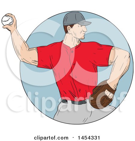 Clipart Graphic of a Retro Sketched Drawing Male Baseball Player Pitching in a Circle - Royalty Free Vector Illustration by patrimonio