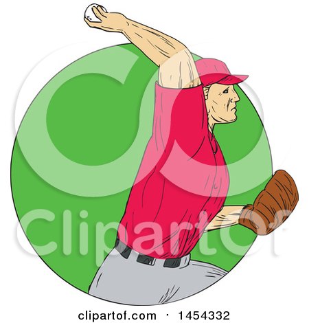 Clipart Graphic of a Retro Sketched Drawing Male Baseball Player Pitching in a Green Circle - Royalty Free Vector Illustration by patrimonio