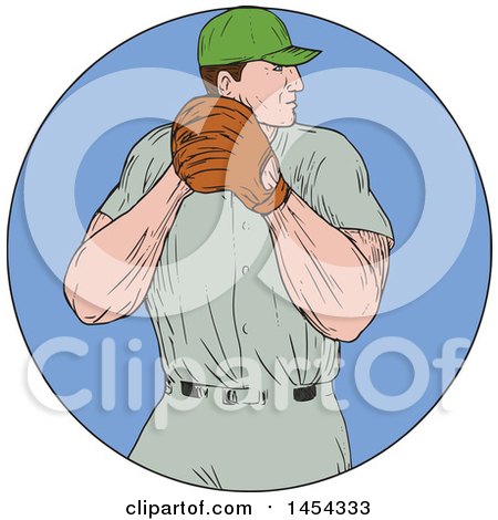 Clipart Graphic of a Retro Sketched Drawing Male Baseball Player Pitching in a Blue Circle - Royalty Free Vector Illustration by patrimonio