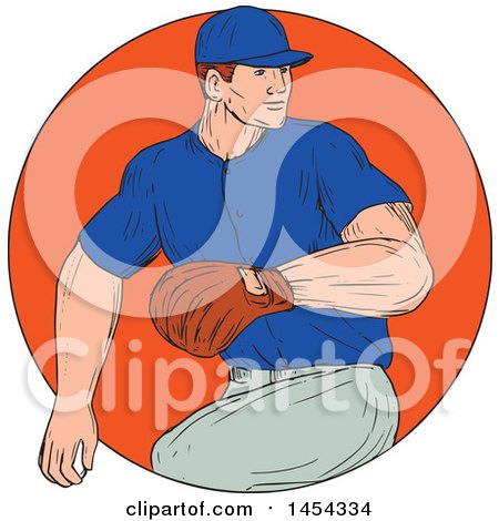 Clipart Graphic of a Retro Sketched Drawing Male Baseball Player Pitching in an Orange Circle - Royalty Free Vector Illustration by patrimonio