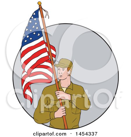 Clipart Graphic of a Sketched Drawing of a Male American Soldier Holding a Usa Flag in a Gray Circle - Royalty Free Vector Illustration by patrimonio