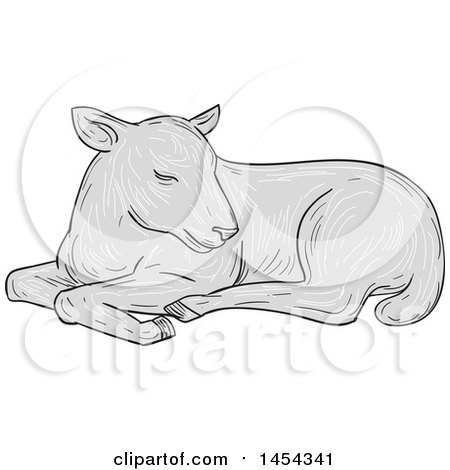 Clipart Graphic of a Sketched Drawing Grayscale Resting Lamb - Royalty Free Vector Illustration by patrimonio
