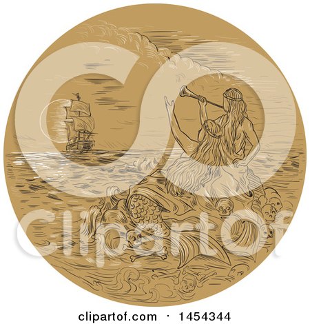 Clipart Graphic of a Sketched Drawing of Siren Mermaids Calling to a Tall Ship at Sea - Royalty Free Vector Illustration by patrimonio