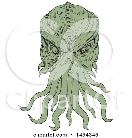 Clipart Graphic of a Sketched Drawing Green Sea Monster Head with Tentacles - Royalty Free Vector Illustration by patrimonio