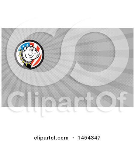 Clipart of a Cartoon White Bulldog Wearing a Spiked Collar in an American Themed Circle and Gray Rays Background or Business Card Design - Royalty Free Illustration by patrimonio
