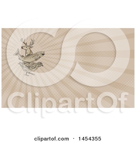 Clipart of a Retro Sketch of a Deer Buck, Trout Fish and Quail and Brown Rays Background or Business Card Design - Royalty Free Illustration by patrimonio
