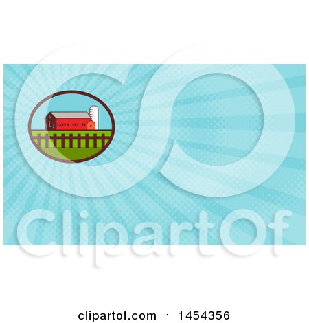 Clipart of a Silo, Barn and Shed in an Oval and Blue Rays Background or Business Card Design - Royalty Free Illustration by patrimonio