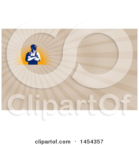 Clipart of a Retro Male Farmer with Folded Arms, Looking to the Side over a Sun Burst and Brown Rays Background or Business Card Design - Royalty Free Illustration by patrimonio
