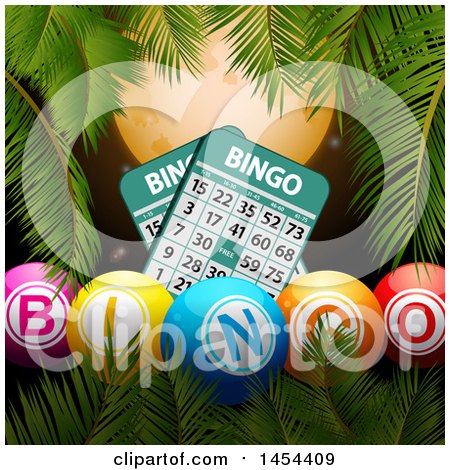 Clipart Graphic of a Border of Palm Tree Branches with 3d Bingo Balls and Cards Against a Full Moon - Royalty Free Vector Illustration by elaineitalia
