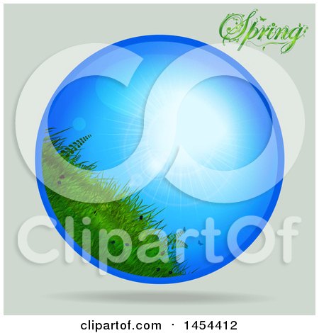 Clipart Graphic of a Circle of a Blue Sunny Sky and Grass over Shading, with Spring Text - Royalty Free Vector Illustration by elaineitalia