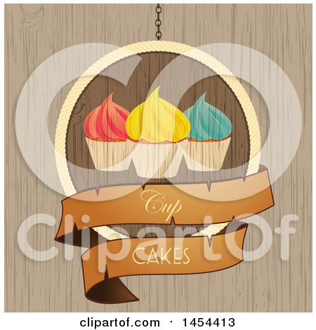 Clipart Graphic of a Hanging Cupcake Sign over Wood Texture - Royalty Free Vector Illustration by elaineitalia