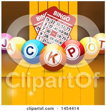 Clipart Graphic of 3d Jackpot Bingo Balls with Cards over Steps - Royalty Free Vector Illustration by elaineitalia