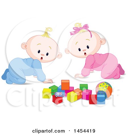 Clipart Graphic of Cute Surprised or Curious Blond Caucasian Babies Looking at Blocks - Royalty Free Vector Illustration by Pushkin