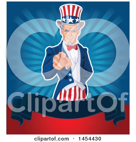 Clipart Graphic of a Pointing Uncle Sam in an American Suit, over a Blank Banner and Rays - Royalty Free Vector Illustration by Pushkin