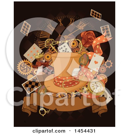 Clipart Graphic of a Sepia Toned Hat over Playing Cards Gears Alice in Wonderland Potions a Clock and Banner on Black - Royalty Free Vector Illustration by Pushkin