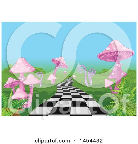 Clipart Graphic of a Checkered Wonderland Path Leading Through Pink Mushrooms and Ferns - Royalty Free Vector Illustration by Pushkin