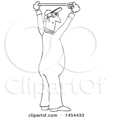 Clipart Graphic of a Cartoon Black and White Lineart Male Worker Using a Tape Measure - Royalty Free Vector Illustration by djart