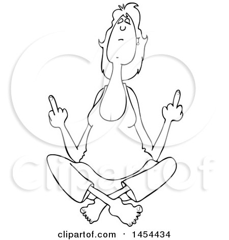 Clipart Graphic of a Cartoon Black and White Lineart Woman in the Lotus Meditation Pose, Holding up Two Middle Fingers - Royalty Free Vector Illustration by djart