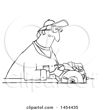 Clipart Graphic of a Cartoon Black and White Lineart Man Using a Circular Saw - Royalty Free Vector Illustration by djart