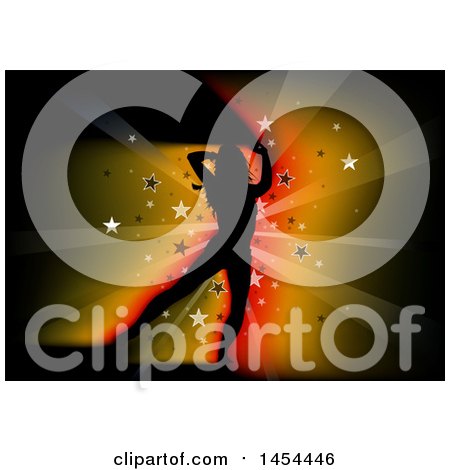 Clipart Graphic of a Silhouetted Woman Dancing over a Burst and Stars - Royalty Free Vector Illustration by dero
