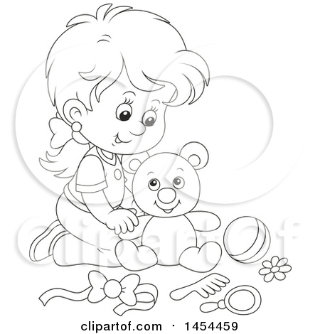 Clipart Graphic of a Cartoon Black and White Lineart Girl Playing with a Teddy Bear - Royalty Free Vector Illustration by Alex Bannykh