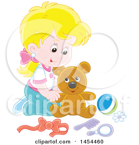 Clipart Graphic of a Blond Caucasian Girl Playing with a Teddy Bear - Royalty Free Vector Illustration by Alex Bannykh