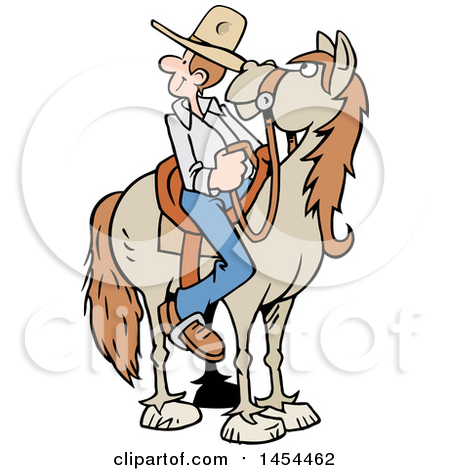 Clipart Graphic of a Cartoon Horseback Caucasian Cowboy Looking Back - Royalty Free Vector Illustration by Johnny Sajem