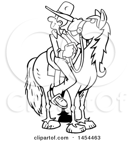Clipart Graphic of a Cartoon Black and White Lineart Horseback Cowboy Looking Back - Royalty Free Vector Illustration by Johnny Sajem