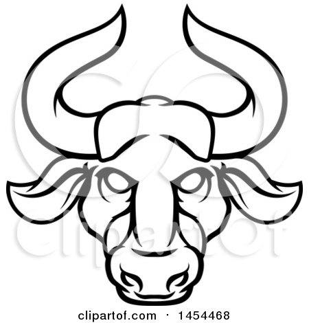 Clipart Graphic of a Black and White Lineart Taurus Bull Astrology Zodiac Horoscope - Royalty Free Vector Illustration by AtStockIllustration