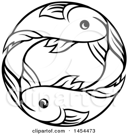 Clipart Graphic of a Black and White Lineart Double Pisces Fish Astrology Zodiac Horoscope - Royalty Free Vector Illustration by AtStockIllustration