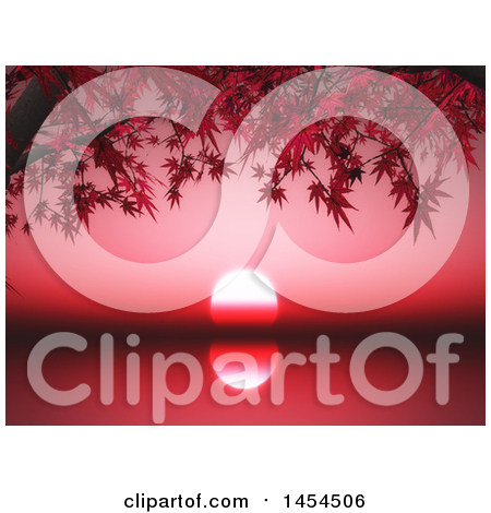 Clipart Graphic of a Red Ocean Sunset with 3d Red Japanese Maple Tree Branches - Royalty Free Illustration by KJ Pargeter