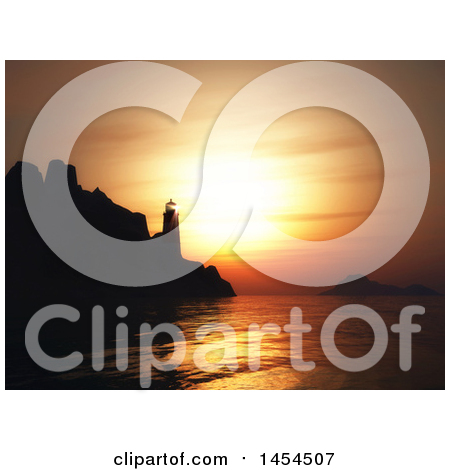 Clipart Graphic of a 3d Silhouetted Lighthouse Against an Orange Ocean Sunset - Royalty Free Illustration by KJ Pargeter