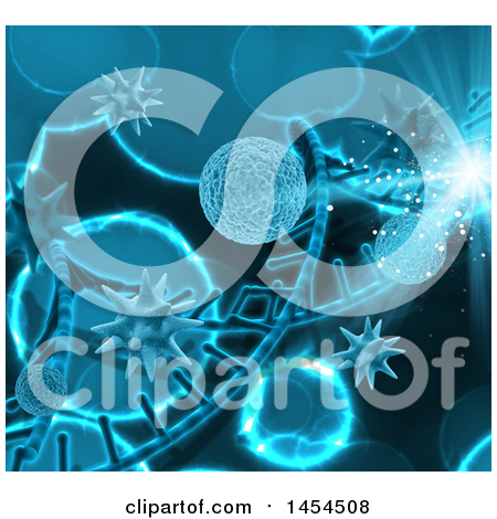 Clipart Graphic of a 3d Blue Dna Strand and Virus Cells Background - Royalty Free Illustration by KJ Pargeter