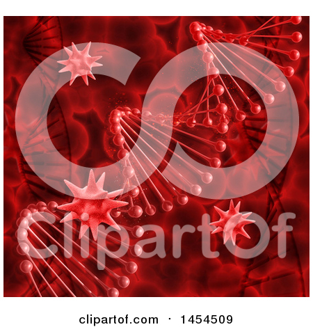 Clipart Graphic of a 3d Red Dna Strand and Virus Cells Background - Royalty Free Illustration by KJ Pargeter