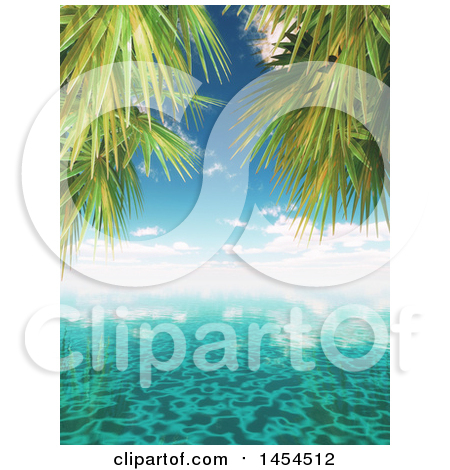 Clipart Graphic of a 3d Sunny Sky over the Ocean with Tropical Palm Tree Branches - Royalty Free Illustration by KJ Pargeter