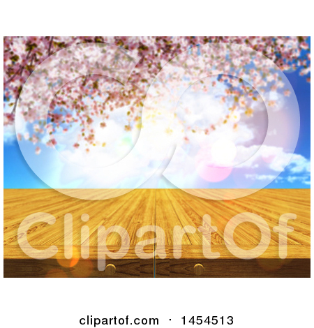 Clipart Graphic of a 3d Wooden Table Surface Against a Blurred Cherry Blossom Background - Royalty Free Illustration by KJ Pargeter