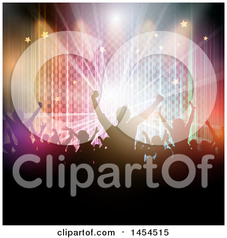 Clipart Graphic of a Silhouetted Crowd of Dancers Against Checkers, Lights and Stars - Royalty Free Vector Illustration by KJ Pargeter