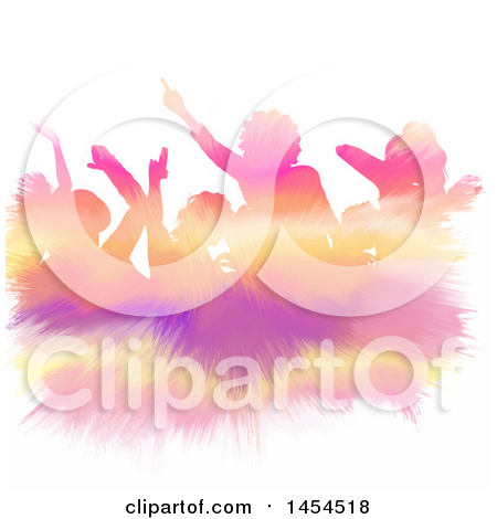 Clipart Graphic of a Colorful Paint Strokes Silhouetted Crowd Dancing, over White - Royalty Free Vector Illustration by KJ Pargeter