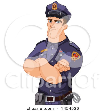 Clipart Graphic of a Handsome Brunette Caucasian Male Police Officer with Folded Arms - Royalty Free Vector Illustration by Pushkin