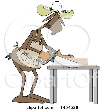 Clipart Graphic of a Cartoon Moose Carpenter Using a Saw - Royalty Free Vector Illustration by djart