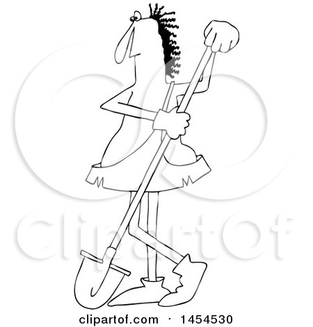 Clipart Graphic of a Cartoon Black and White Lineart Caveman Worker Leaning on a Shovel - Royalty Free Vector Illustration by djart