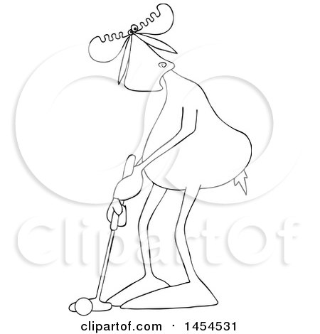 Clipart Graphic of a Cartoon Black and White Lineart Moose Golfer Putting - Royalty Free Vector Illustration by djart