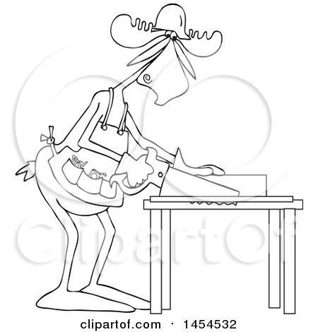 Clipart Graphic of a Cartoon Black and White Lineart Moose Carpenter Using a Saw - Royalty Free Vector Illustration by djart