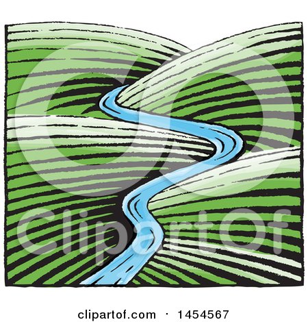 Clipart Graphic of a Sketched River Through Hills - Royalty Free Vector Illustration by cidepix
