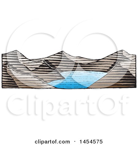 Clipart Graphic of a Sketched Landscape of Mountains and a Lake - Royalty Free Vector Illustration by cidepix