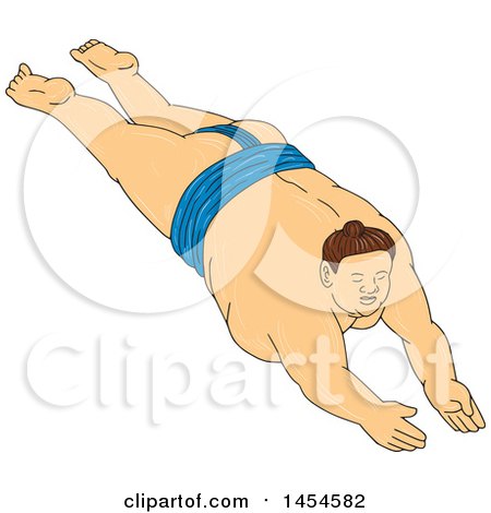 Clipart Graphic of a Drawing Sketch Styled Diving Sumo Wrestler - Royalty Free Vector Illustration by patrimonio