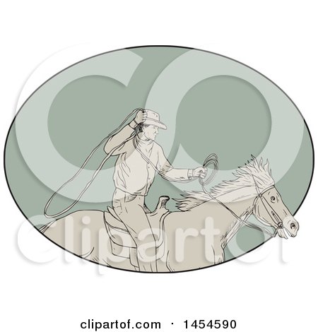 Clipart Graphic of a Drawing Sketch Styled Cowboy Swinging a Lasso on Horseback, in a Green Oval - Royalty Free Vector Illustration by patrimonio