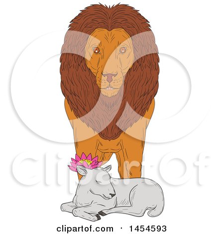 Clipart Graphic of a Sketchd Lion Standing over a Sleeping Lamb - Royalty Free Vector Illustration by patrimonio